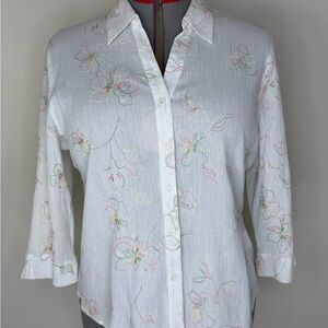 Alfred Dunner Shirt Womens 14 White Pastel Floral Embroidered 3/4 Sleeve Top
